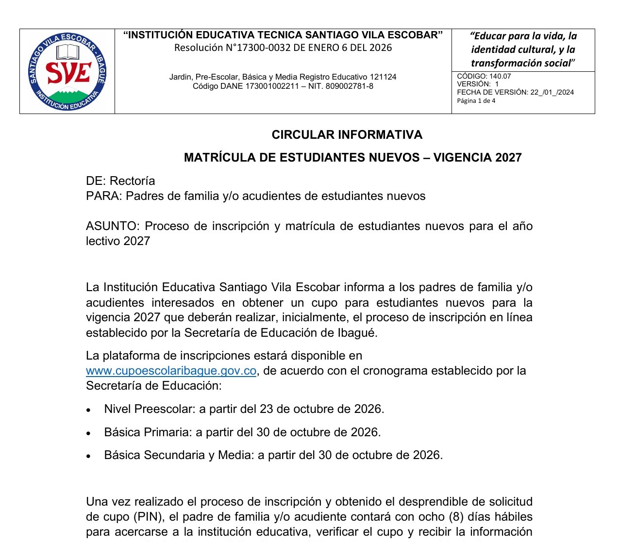 Primera página de la circular de matrículas 2027